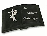 17cm Grab Deko offenes Buch + Kreuz Grabschmuck Grabstein aus Steinharz schwarz