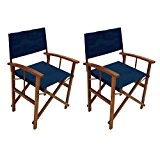 2 Regiestühle aus geöltem Eukalyptusholz mit dunkelblauer Stoffbespannung, klappbar, Maße: B/H/T ca. je 56/85/50 cm