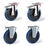 4 Rollen 2 x drehbaren Bremsbeläge 2 x Feste 100 mm Gummi blau elastisch lot14 - Lenkrolle und fester Gestell aus Blech Stahl verzinkt, Rad Durchmesser ...