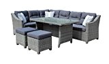 4-tlg. Lounge-Set mit Polster- und Dekorationskissen in grau aus grauem Polyrattan mit Eckbank, Tisch und 2 Hockern