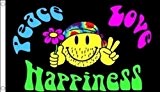 5 ft x 3 ft (150 x 90 cm) Peace Love Happiness Smiley, Blumen Festival 100% Polyester Material Flagge Banner Ideal für Pub Club ...