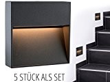 5 Stück SSC-LUXon® LED Wand-leuchte KEILA anthrazit eckig - Wand & Treppen-leuchte IP54 für innen und außen, 2W warm-weiß 2700K