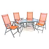 5er Set Sitzgarnitur Sitzgruppe Gartengarnitur Glastisch eckig orange Balkon Glastisch 1 Tisch 4 Stühle robust wetterfest