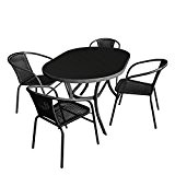 5tlg. Gartengarnitur - Glastisch oval Gartentisch mit schwarzer Tischglasplatte 140x90cm + 4x Bistrostuhl mit schwarzer Polyrattanbespannung Stapelstuhl - Sitzgruppe Sitzgarnitur ...