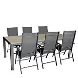 7tlg. Gartengarnitur, Aluminium Gartentisch mit Polywood-Tischplatte Grau 205x90cm + 6x Aluminium-Hochlehner mit Textilenbespannung, 7-fach verstellbar, klappbar, anthrazit / Sitzgruppe Sitzgarnitur .
