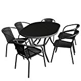 7tlg. Gartengarnitur - Glastisch oval Gartentisch mit schwarzer Tischglasplatte 140x90cm + 6x Bistrostuhl mit schwarzer Polyrattanbespannung Stapelstuhl - Sitzgruppe Sitzgarnitur ...