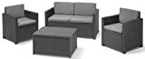 Allibert 220025 Lounge Set Monaco mit Kissenbox-Tisch 2x Sessel und 1x Sofa, Rattanoptik, Kunststoff, graphit