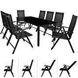 Alu Sitzgruppe 8+1 Schwarz Sitzgarnitur Gartengarnitur Tischplatte aus Glas + klappbare und neigbare Stühle