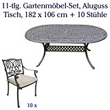 Aluguss Gartenmöbel-Set, Gartenmöbelgarnitur bestehend aus Gartentisch mit Gartenstühlen (Ovaler Tisch 182 x 106 cm + 10 Stühle)