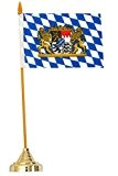 Bayerische Tischfahne, Flagge mit Wappen 30 cm hoch - Deko für Schreibtisch und Biergarten - Standfuß aus Kunststoff