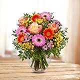 Blumenstrauß „Alles Gute zum Geburtstag“ - Ø 30 cm - gelbe, orange und pinke Rosen, Germini, Chrysanthemen, Zierkamille und Pistazie ...