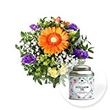 Blumenstrauß Be happy! und Gute Laune Tee