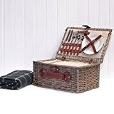 Creme Picknickkorb für 2 Personen & Grün Chiller Picknick Decke mit integriertem Kühlfach und Zubehör für 2 Personen