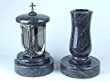 designgrab Alu Grablampe aus Aluminium in Antikoptik mit Kreuz und Grabvase Taille-medium und 2 Stück Sockel rund in Granit Orion ...