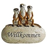 Drei Erdmännchen auf Stein WILLKOMMEN Gartendeko Dekoration Figur Dekostein Stein NEU