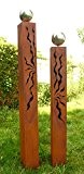 Gartendeko Rostsäulen 150cm + 125cm mit Muster und Edelstahlkugel