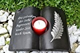Grabschmuck "Buch - Die Gedanken der Liebe begrenzen weder Zeit noch Raum" mit 1 Stück Kerze und Silberfeder, wetterfest