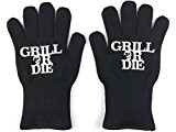 GRILL OR DIE® Grillhandschuhe ★ schwarz mit Aufdruck in Premium-Qualität ★ BBQ Gloves Zubehör hitzebeständig zum Grillen, Backen und Kochen ...