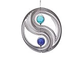 Illumino Edelstahl-Windspiel Yin Yang mit türkisfarbener und kobaltblauer 50mm Glaskugel - Kugeln durchgefärbt - rostfreies Edelstahl
