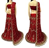 Indische Jahrgang Hand-Perlen lange Net Rock Braut Lehenga Dupatta Set Red Hijab