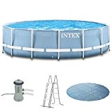 Intex 366x91 Schwimmbecken mit Filterpumpe, Sicherheitsleiter, Solarplane,Anschlussset für Pool Schwimmbad Frame Metal Stahlwand