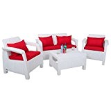 JUSThome Corfu Set Wasser Sitzgruppe Gartenmöbel Gartengarnitur 2x Sessel + 1x Sofa + Tisch Weiß Rot