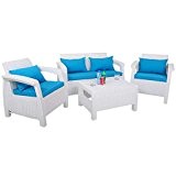 JUSThome Corfu Set Wasser Sitzgruppe Gartenmöbel Gartengarnitur 2x Sessel + 1x Sofa + Tisch Weiß Blau
