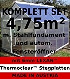 KOMPLETTSET: 4,75m² ALU Aluminium Gewächshaus Glashaus Tomatenhaus, 6mm Hohlkammerstegplatten - (Platten MADE IN AUSTRIA/EU) m. Stahlfundament, 1 Fenster mit autom. ...