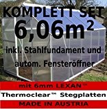 KOMPLETTSET: 6,06m² ALU Aluminium Gewächshaus Glashaus Tomatenhaus, 6mm Hohlkammerstegplatten - (Platten MADE IN AUSTRIA/EU) m. Stahlfundament, 1 Fenster mit autom. ...