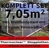 KOMPLETTSET: 7,05m² ALU Aluminium Gewächshaus Glashaus Tomatenhaus, 6mm Hohlkammerstegplatten - (Platten MADE IN AUSTRIA/EU) m. Stahlfundament, 2 Fenster mit 2 ...
