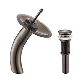 Kraus KGW-1700-PU-10ORB-BRFR Single Lever Vessel Glass Waterfall Bathroom Faucet Oil Rubbed Bronze with Brown Frosted Glass Disk and Pop Up ...