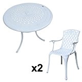 Lazy Susan - ANNA 80 cm Runder Gartentisch mit 2 Stühlen - Gartenmöbel Set aus Metall, Weiß (ROSE Stühle)