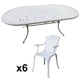 Lazy Susan - CATHERINE 210 x 105 cm Ovaler Gartentisch mit 6 Stühlen - Gartenmöbel Set aus Metall, Weiß (ROSE ...