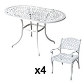 Lazy Susan - ELISE 136 x 81 cm Ovaler Gartentisch mit 4 Stühlen - Gartenmöbel Set aus Metall, Weiß (KATE ...