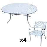 Lazy Susan - JUNE 150 x 95 cm Ovaler Gartentisch mit 4 Stühlen - Gartenmöbel Set aus Metall, Weiß (KATE ...