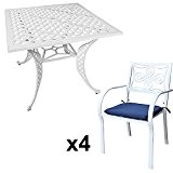 Lazy Susan - LUCY 91 cm Quadratischer Gartentisch mit 4 Stühlen - Gartenmöbel Set aus Metall, Weiß (MARIA Stühle, Blaue ...