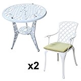 Lazy Susan - ROSE Bistrotisch mit 2 Stühlen - Rundes Gartenmöbel Set aus Metall, Weiß (EMMA Stühle, Grüne Kissen)