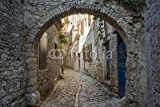 Leinwand-Bild 80 x 50 cm: "Old and narrow street, paved of cobble stones, Bale, Croatia", Bild auf Leinwand