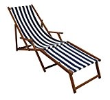 Liegestuhl blau-weiß Sonnenliege Gartenliege Deckchair Buche dunkel Fußablage klappbar 10-317 F