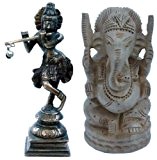 Little Indien Messing Lord Krishna und Holz Ganesha Idol Mehrfarbig