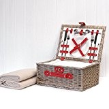 Luxus Picknickkorb für 2 Personen rot Kunstleder & Creme Fleece Decke mit Kühlfach und Zubehör