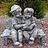 Mädchen und Junge auf Bank Kind Steinfigur Skulptur Gartenfigur Steinguss Farbe: grau / Patiniert von steinfiguren-neumann
