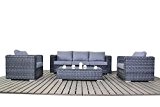 Moderne, große Grau Rattan Garten Sofa-Set, 3-Sitzer-Sofa mit 2 Sesseln und Glas Couchtisch, Dicke Sitz-Kissen, Wintergarten/Garten Möbel Set