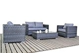 Moderne kleine Rattan Garten Sofa-Set, grau, 2-Sitzer-Sofa mit 2 Sesseln und Glas Couchtisch, Dicke Sitz-Kissen, Wintergarten/Garten Möbel Sets
