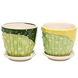 MyGift Bamboo Garden Ceramic Blumentopf, Übertopf w/Unterteller, 2 Stück, grün &), Gelb