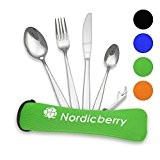 Nordicberry Premium Outdoor Reisebesteck und Campingbesteck aus hochwertigem Edelstahl mit Neoprentasche (Grün)