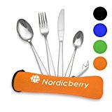 Nordicberry Premium Outdoor Reisebesteck und Campingbesteck aus hochwertigem Edelstahl mit Neoprentasche (Orange)