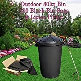 Outdoor 80 Liter Schwarz Abfalleimer Garten-Aufbewahrungsbox mit Deckel und Clips plus 200 schwarz starke Müllsäcke Abfallsäcke & Abfallzange