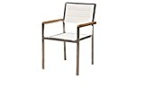 OUTFLEXX moderner Stapelstuhl in cremeweiß, aus rostfreiem Edelstahl, Sitzfläche aus Textilene und Armlehnen aus hochwertigem Teakholz, ca. 62 x 56,5 ...