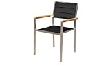 OUTFLEXX moderner Stapelstuhl in schwarz, aus rostfreiem Edelstahl, Sitzfläche aus Textilene und Armlehnen aus hochwertigem Teakholz, ca. 62 x 56,5 ...